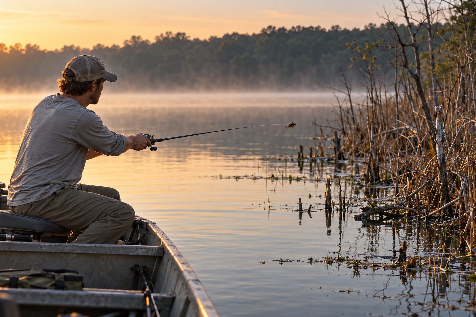 Angler in a small boat pitching a jig toward flooded brush at first light