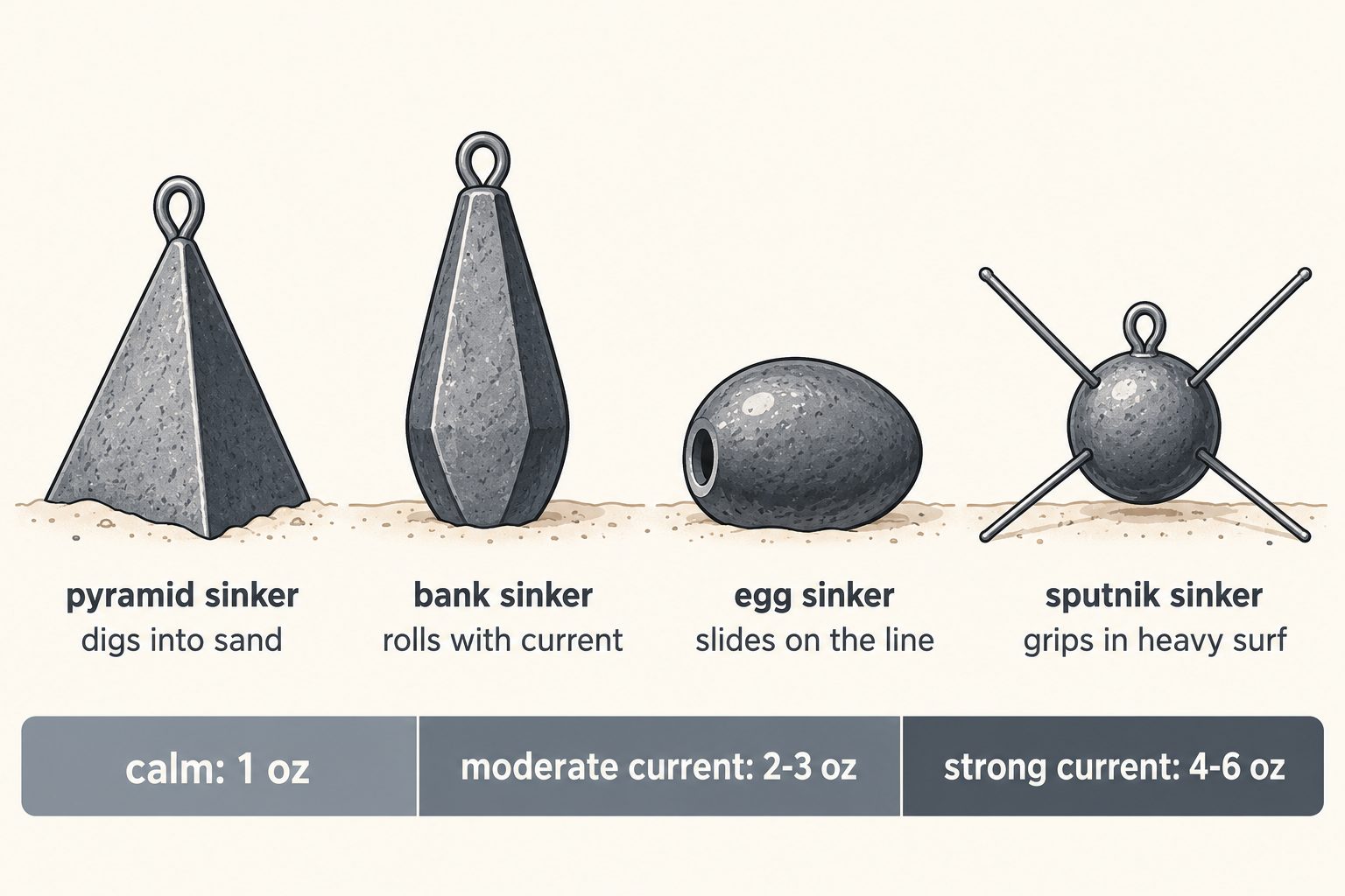Diagram of pyramid, bank, egg, and sputnik sinker shapes with weight bands