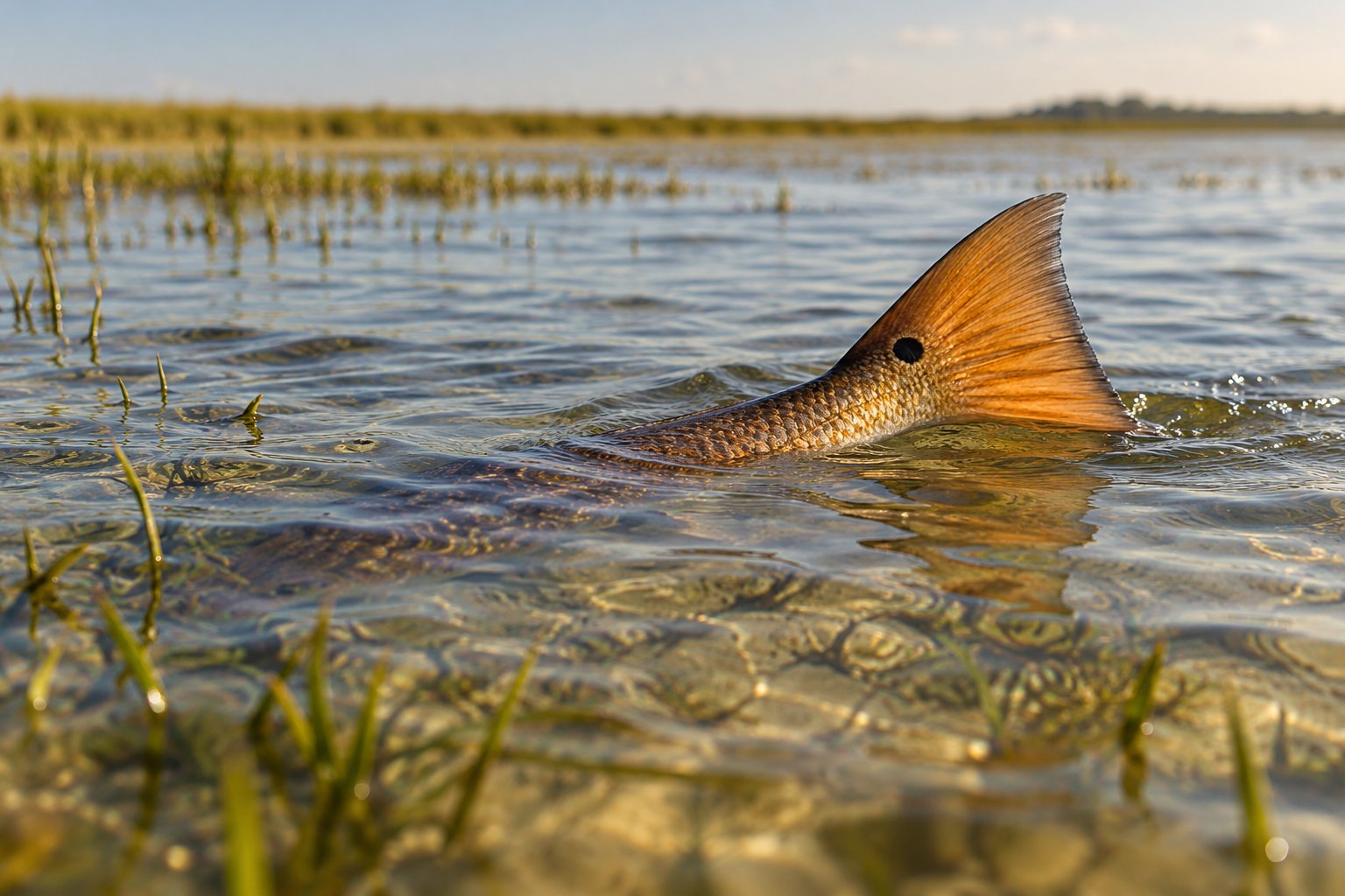 Redfish tail breaking the surface as it feeds nose-down over a shallow grass flat