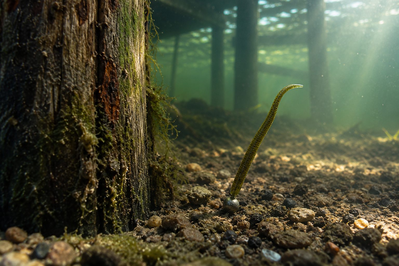 Shaky head worm standing next to a dock piling in shade