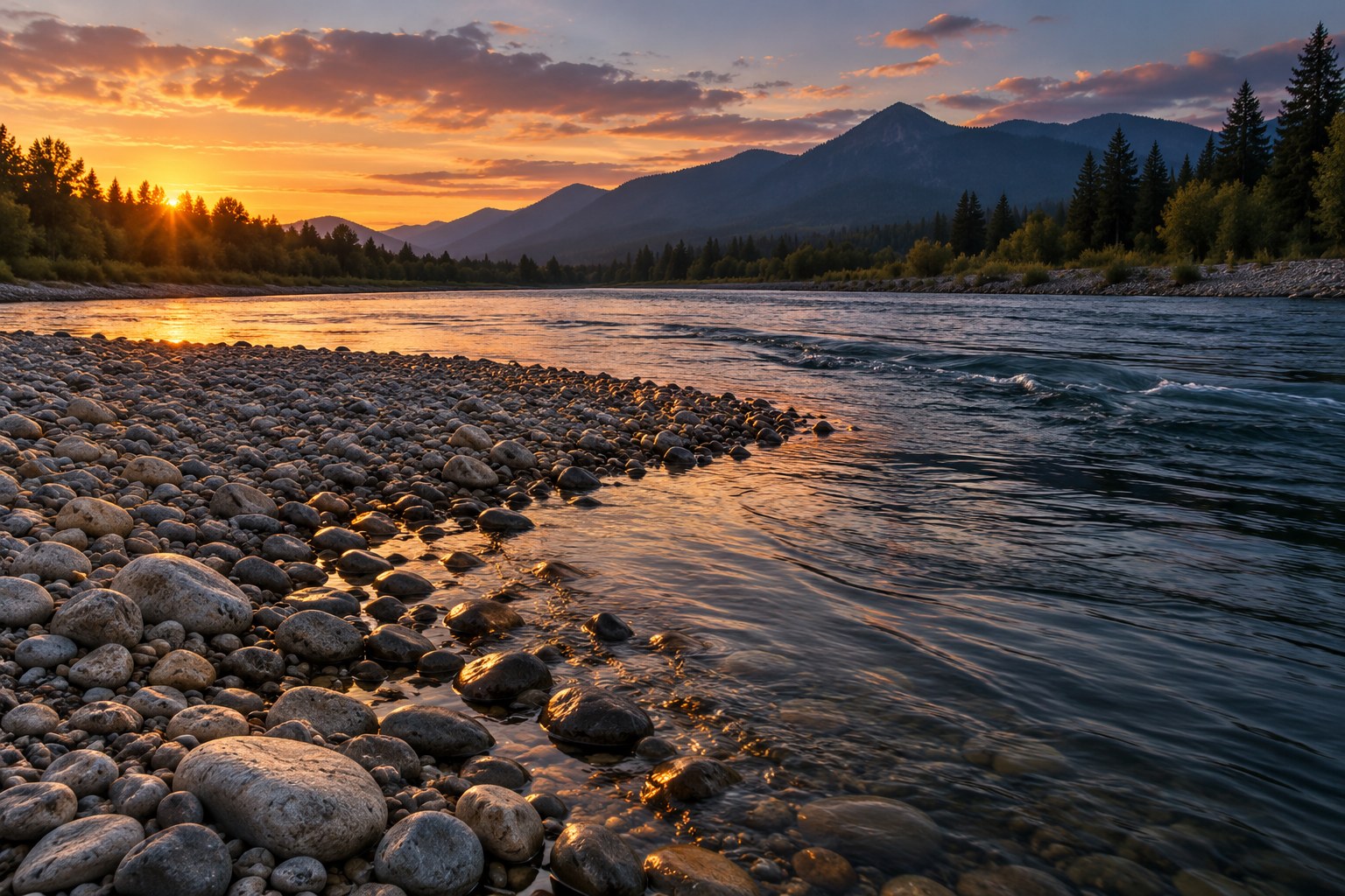 Downstream tip of a gravel bar dropping into darker water at dusk, current accelerating around the point
