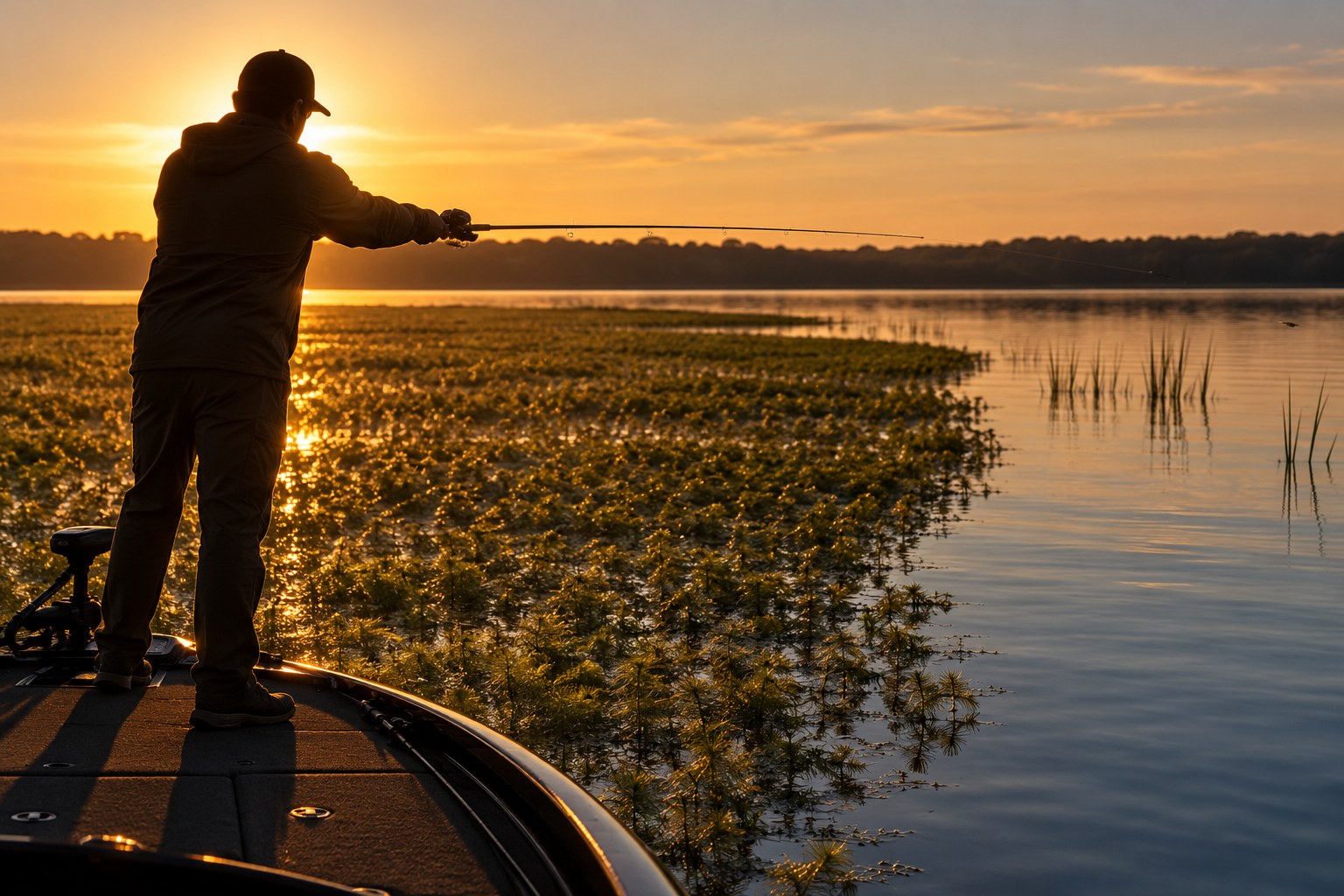 Angler casting along a defined weedline edge