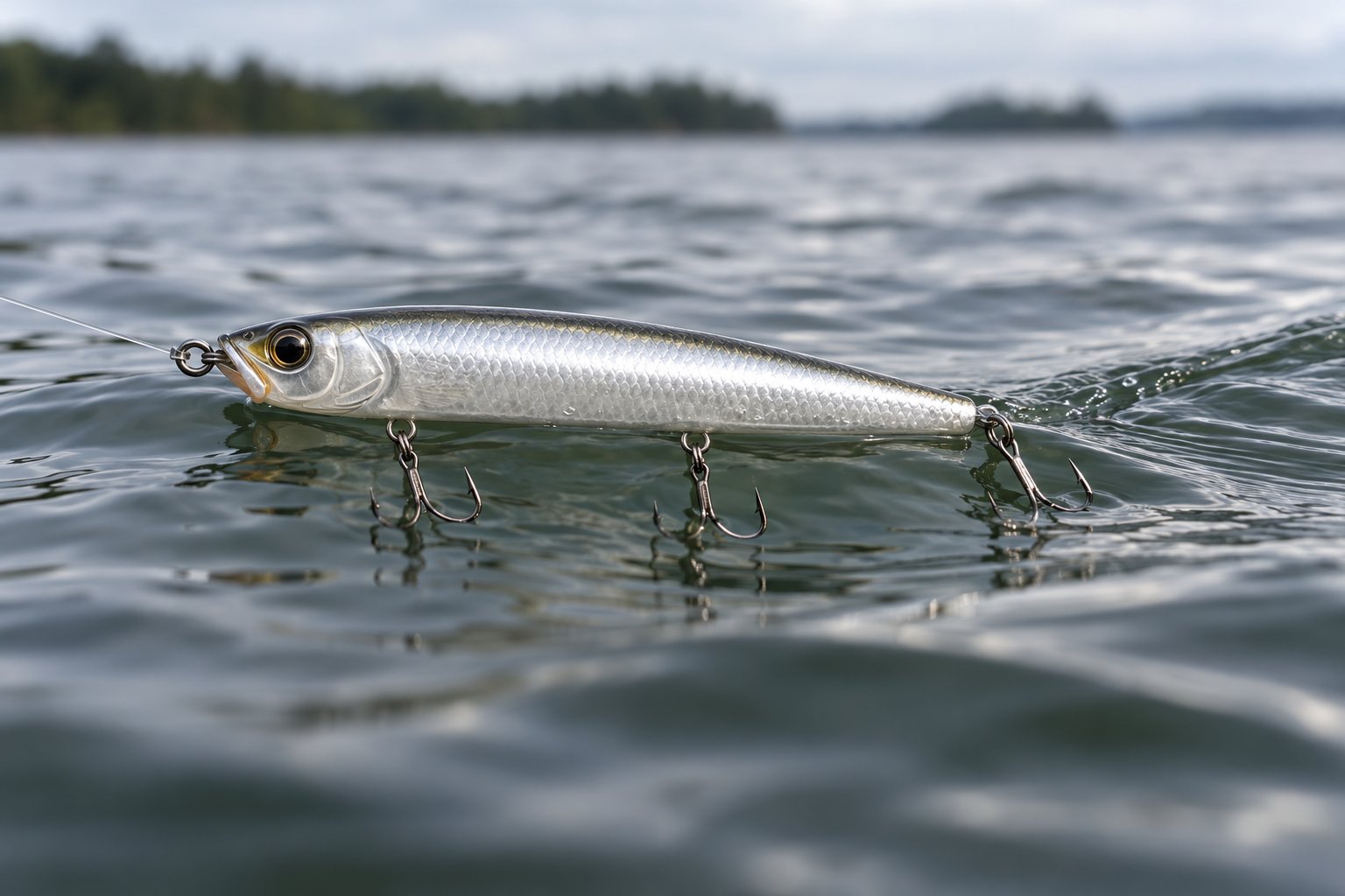 Close-up of a walking bait's treble hooks at the water surface