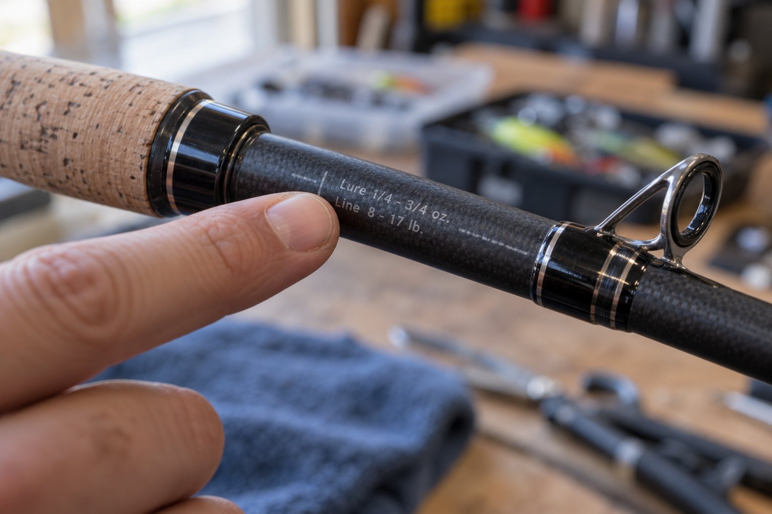 Close-up of a fingertip pointing at the lure-weight and line-rating spec printing on a fishing rod blank