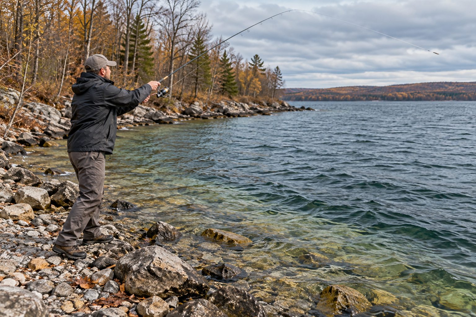 Angler casting from a shallow rocky bank on an autumn afternoon