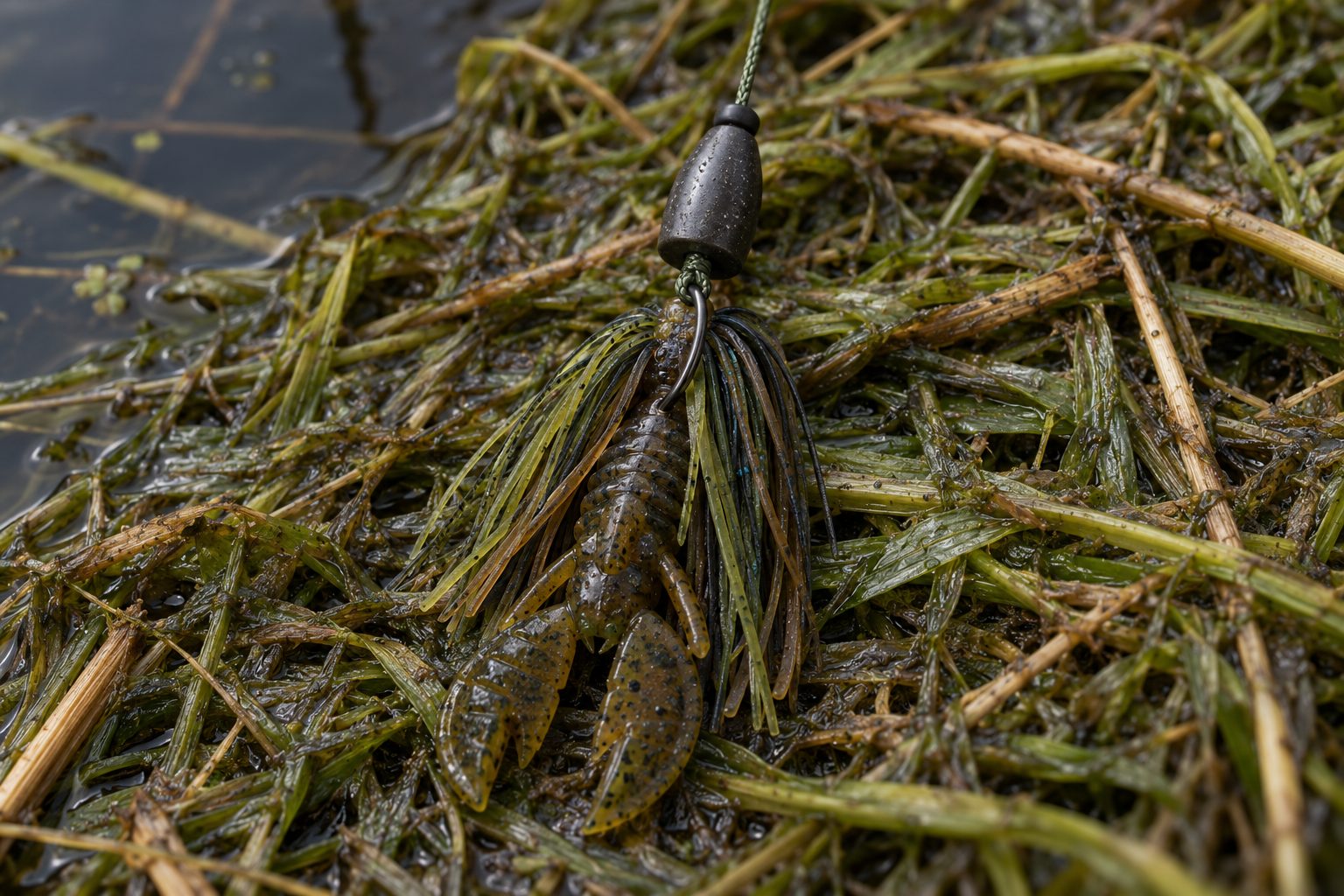Punch rig with a pegged tungsten weight and punch skirt lying on matted aquatic grass