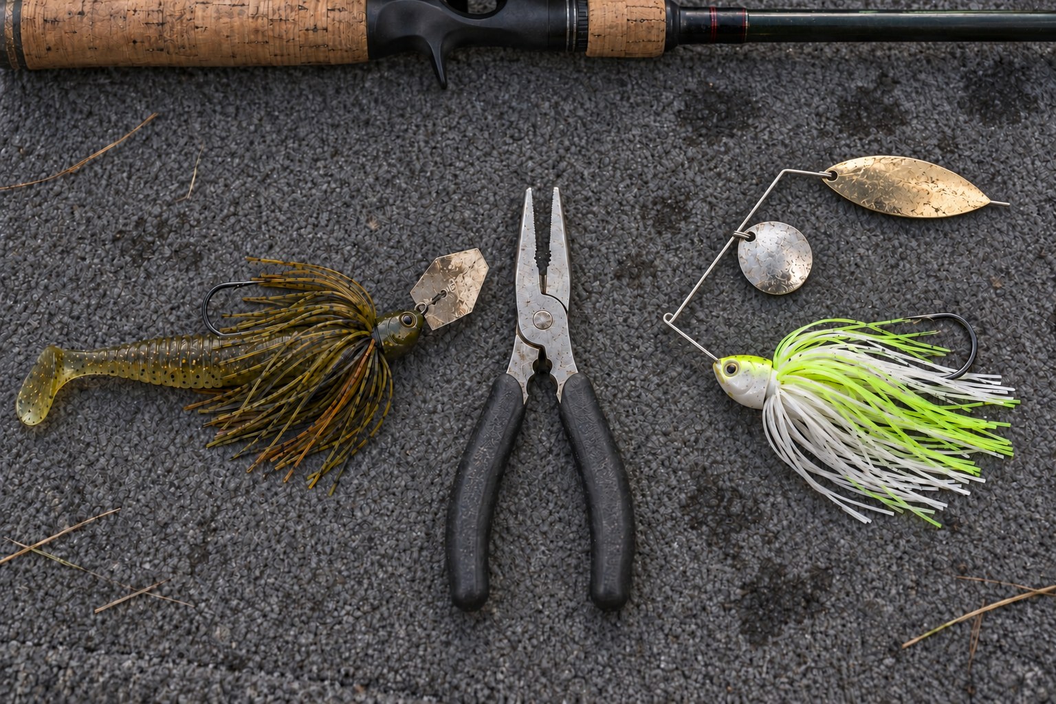 Overhead layout of a bladed jig and a spinnerbait with trailers, hooks, and a rod on a boat deck