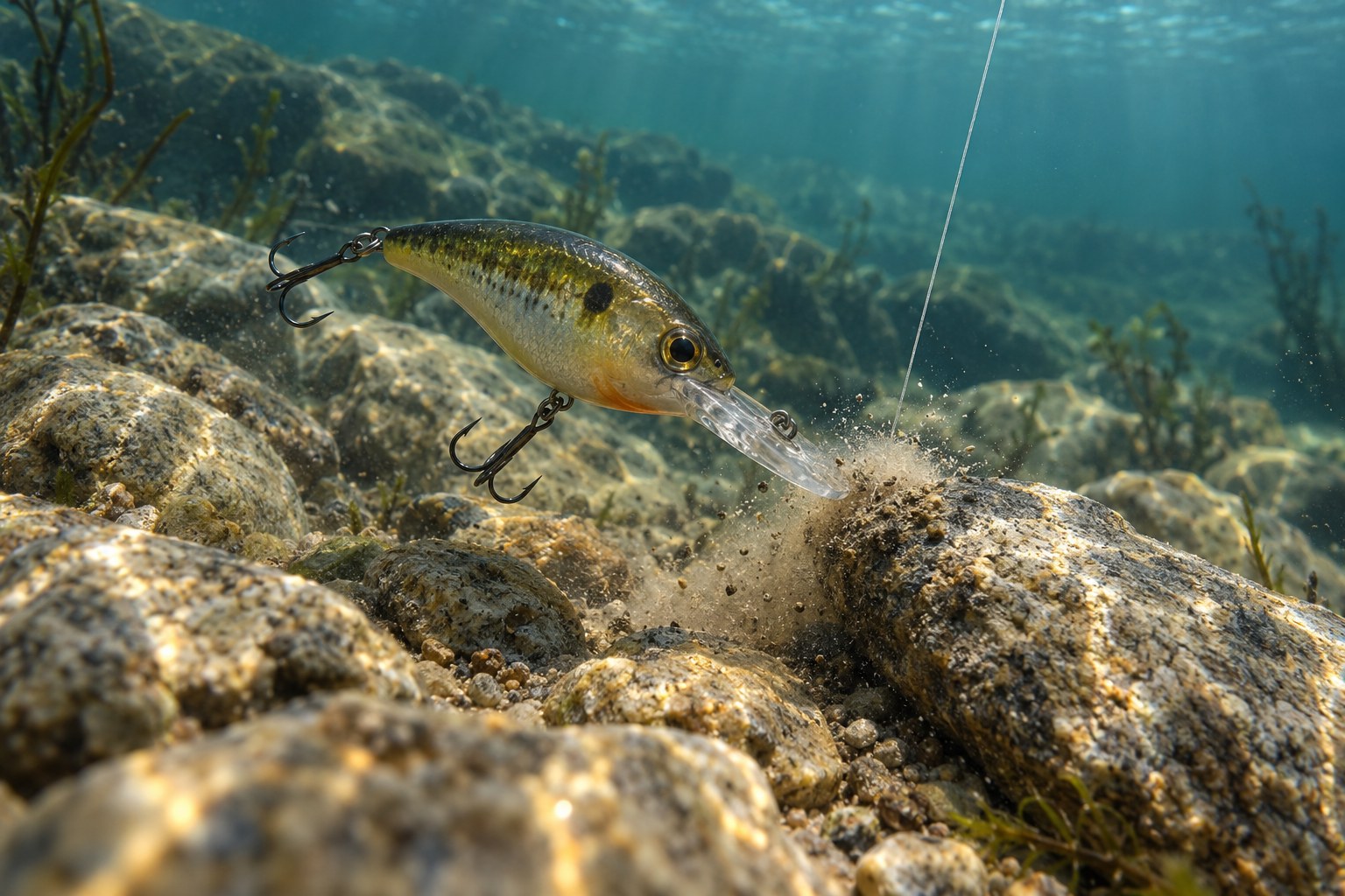 Underwater-style close-up of a crankbait bumping off a rocky bottom