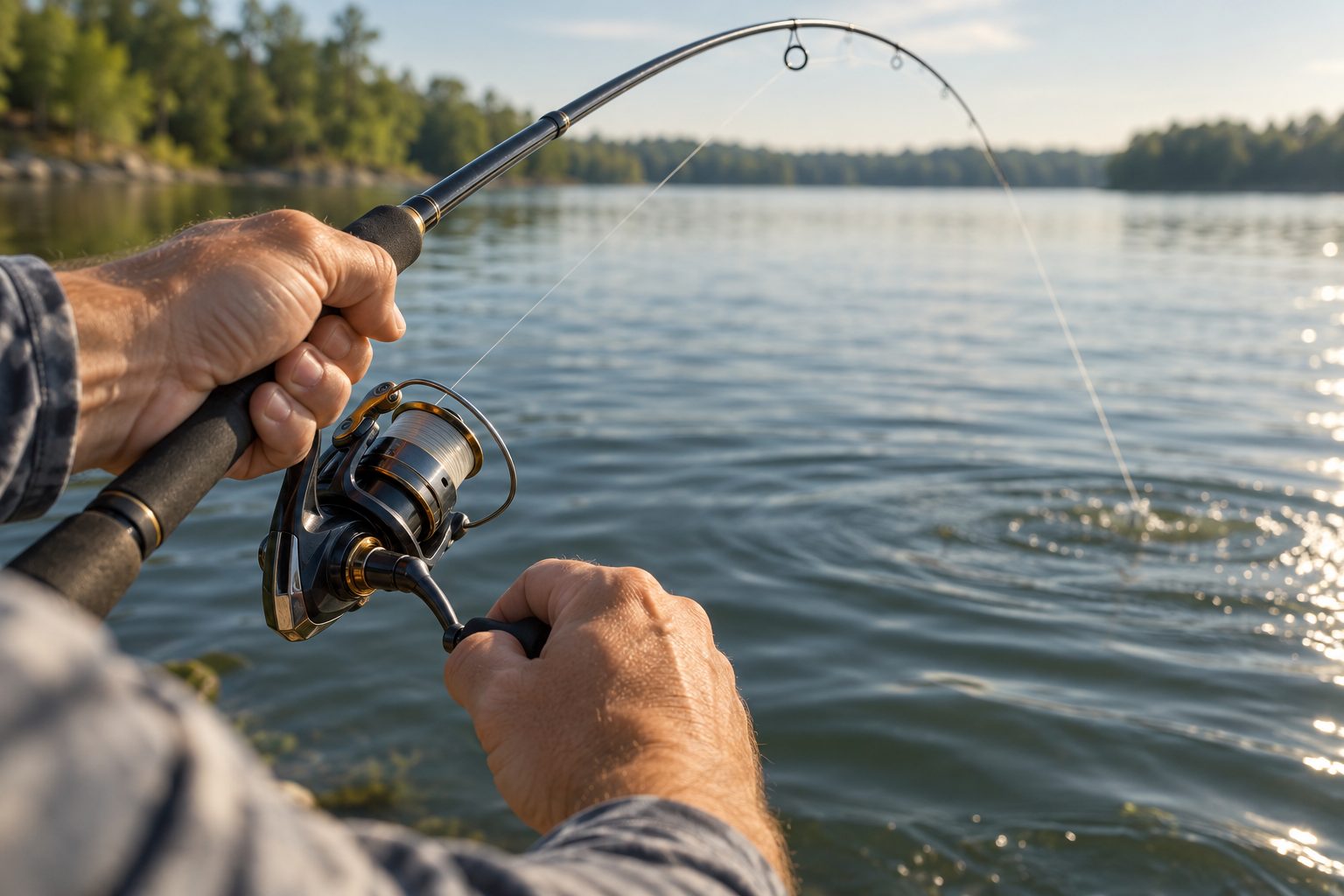 Angler's hands on a light spinning rod, thin line taut, the moment of a take