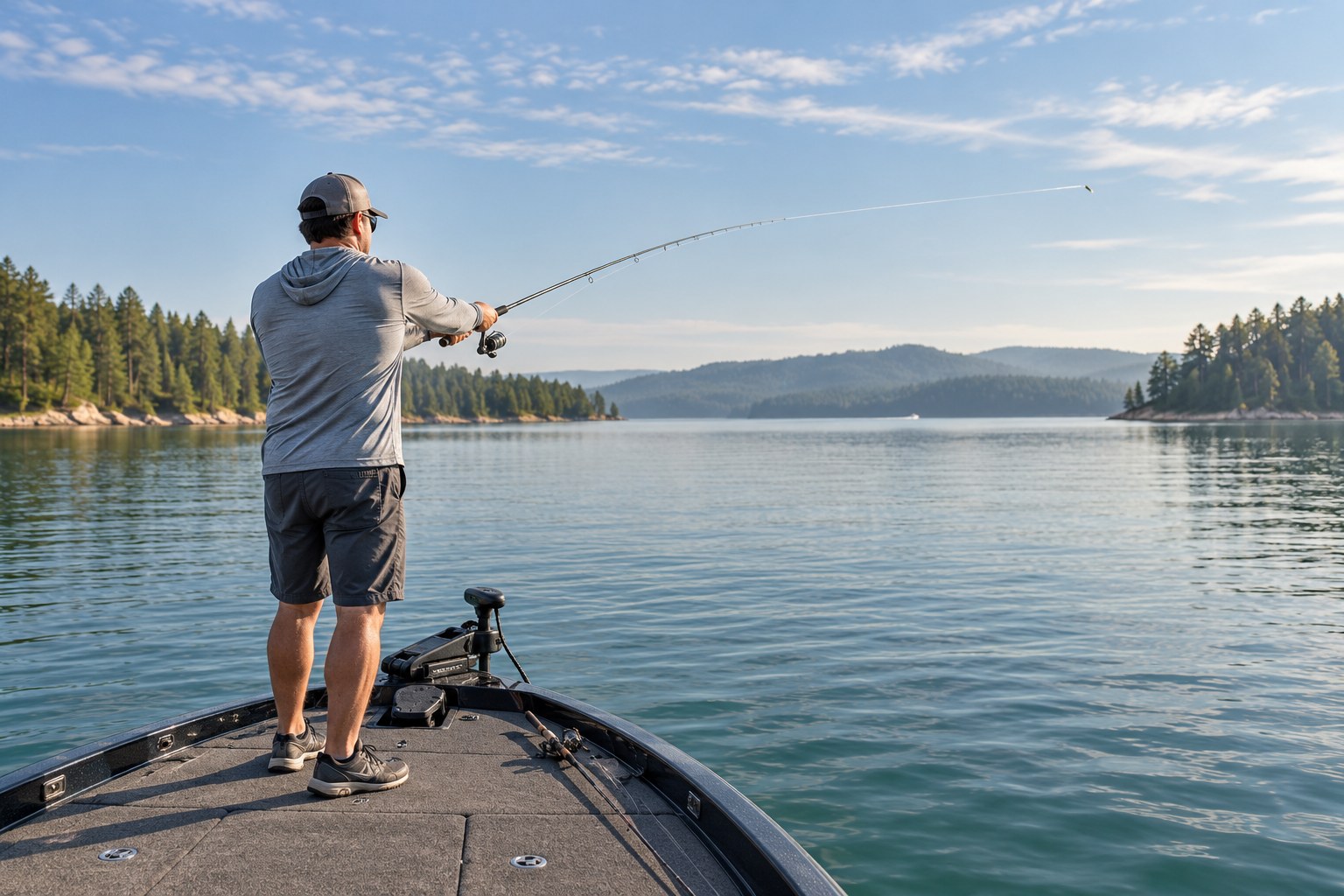 Angler casting a spinning rod from a boat on a clear lake on a bright morning