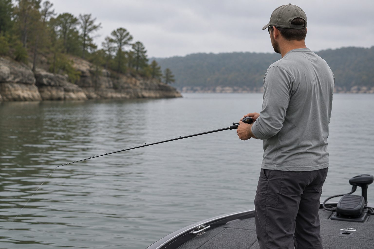 Angler dragging a jig along the bottom with the rod tip low from a boat deck