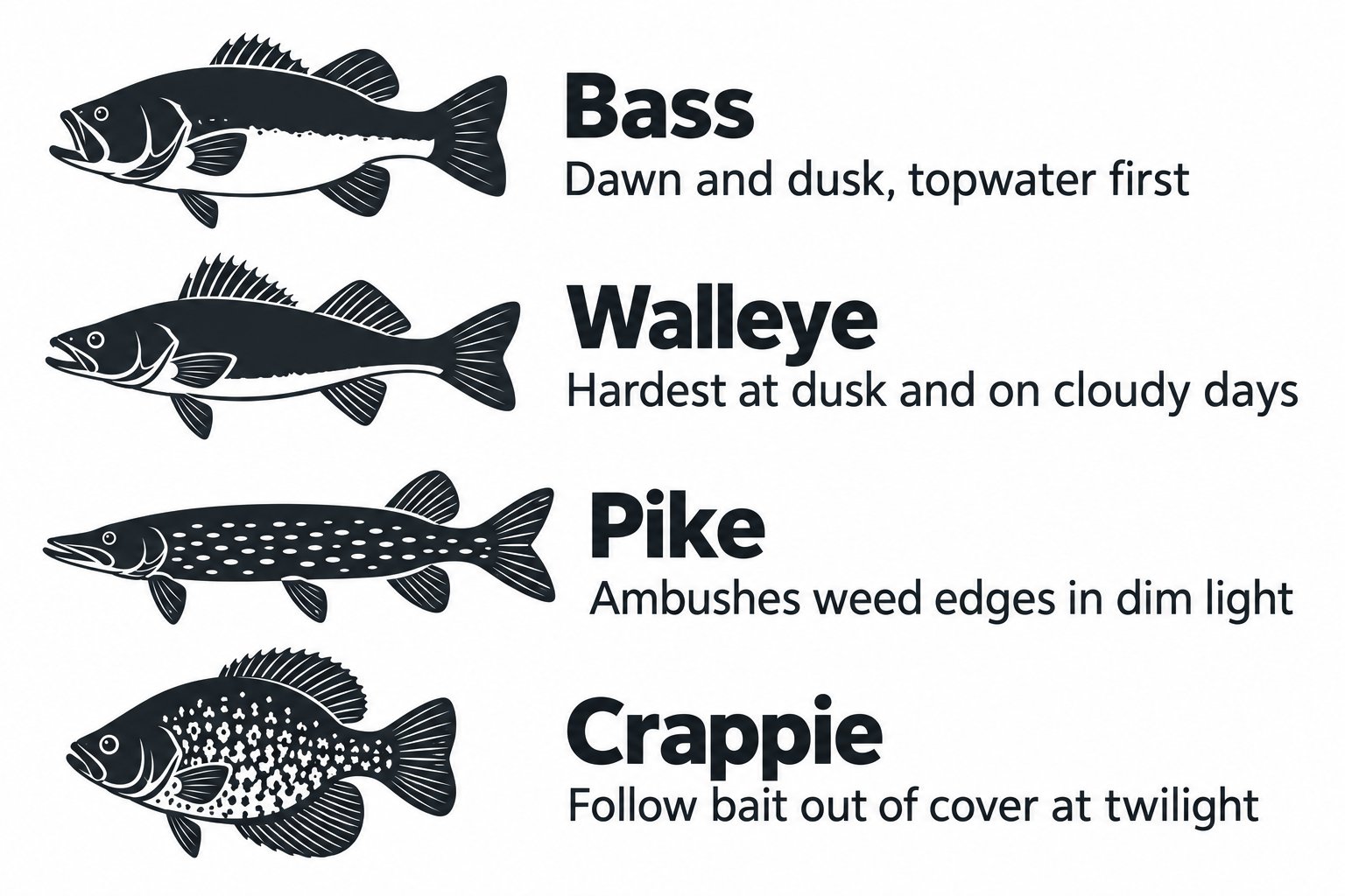 Cheat-sheet diagram of best low-light windows by species: bass, walleye, pike, crappie