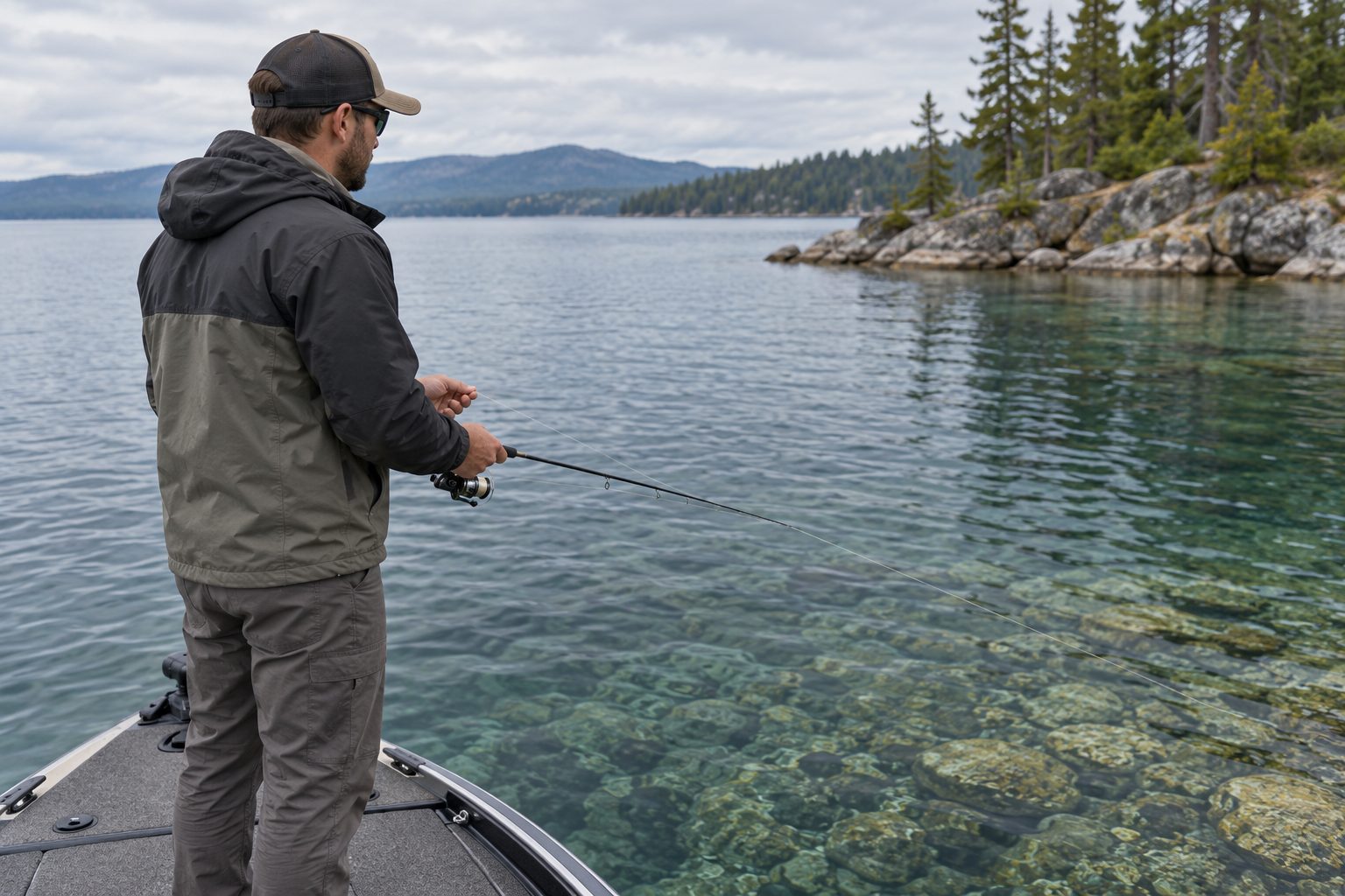 Angler on a boat dragging a Ned rig along a gravel point with the rod tip low, watching the line