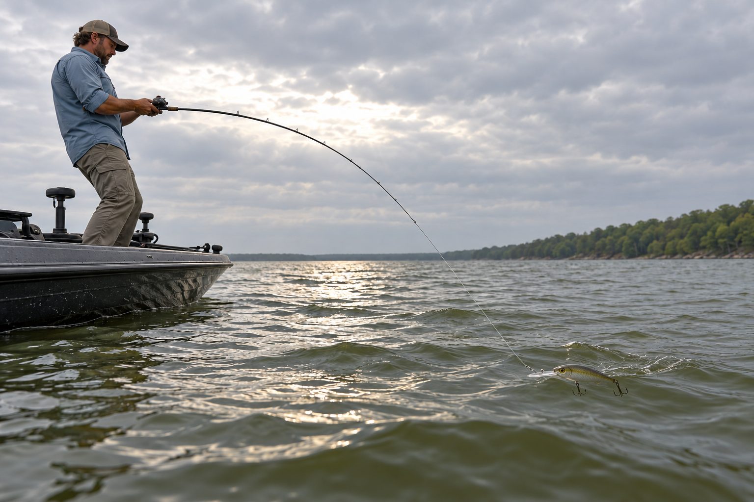 Angler cranking a deep-diving crankbait with the rod bent low over wind-textured water