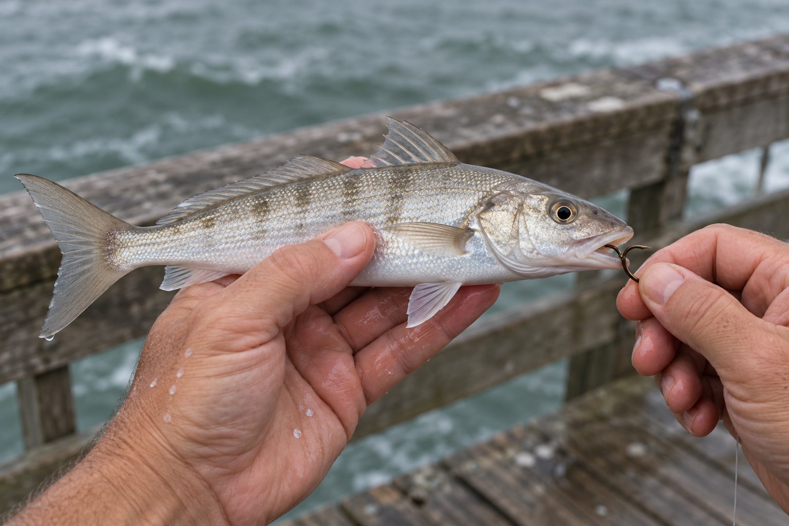 Angler's hands turning a circle hook out of a fish's jaw