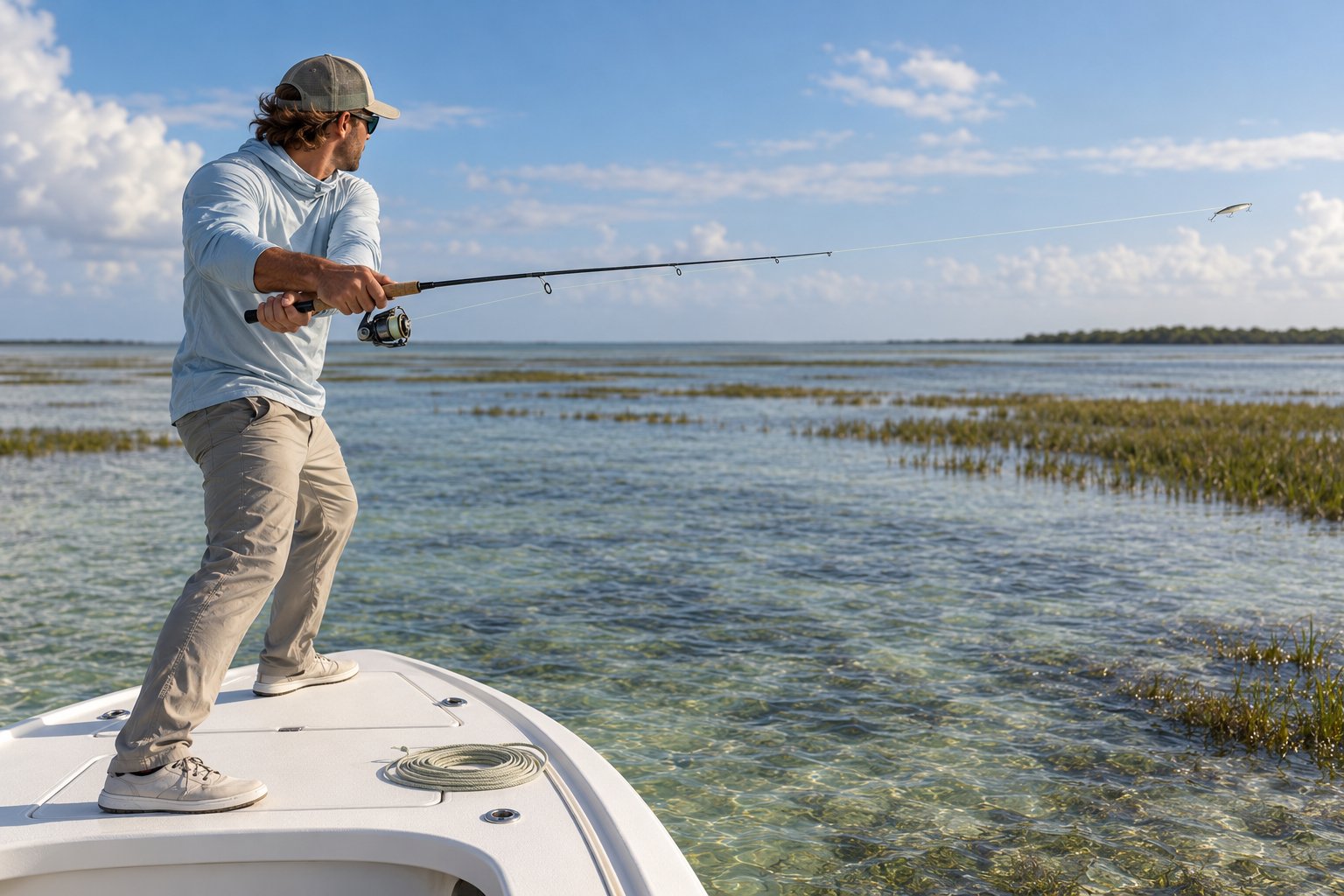 Angler making a low sidearm cast toward a grass edge from a skiff platform