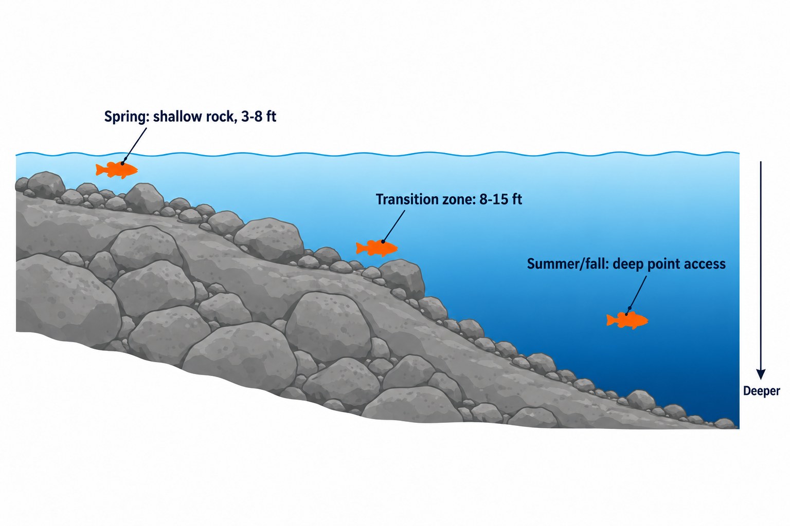 Cross-section diagram of a main-lake rocky point showing typical smallmouth zones in spring, summer, and fall