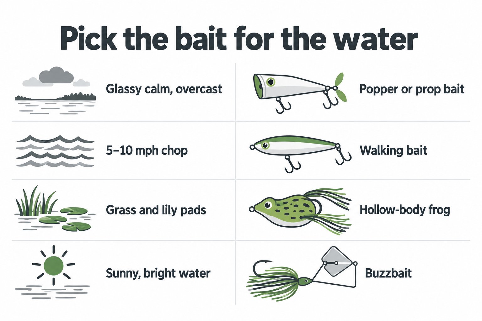 Chart matching surface conditions to topwater bait choices