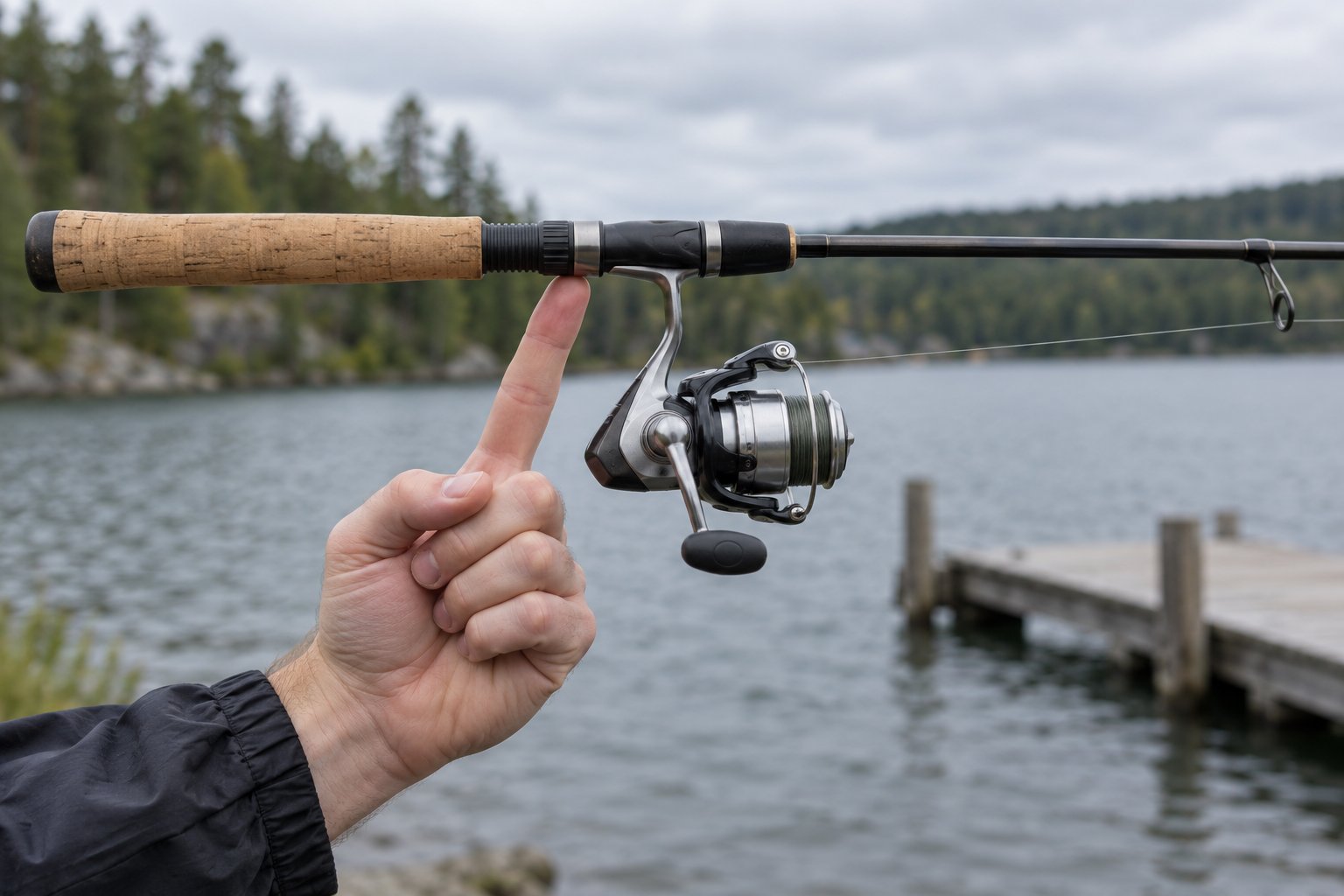 A spinning outfit balanced horizontally on one finger at the front of the reel seat