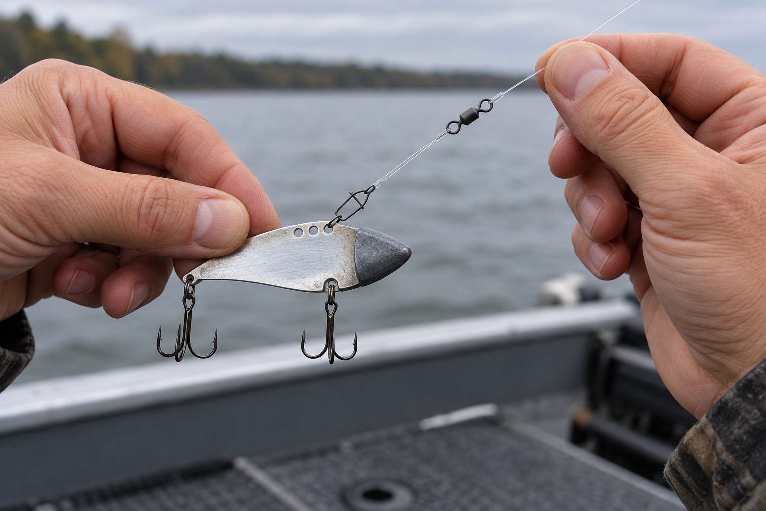 Blade bait rigged with a snap and swivel on a clear fishing leader