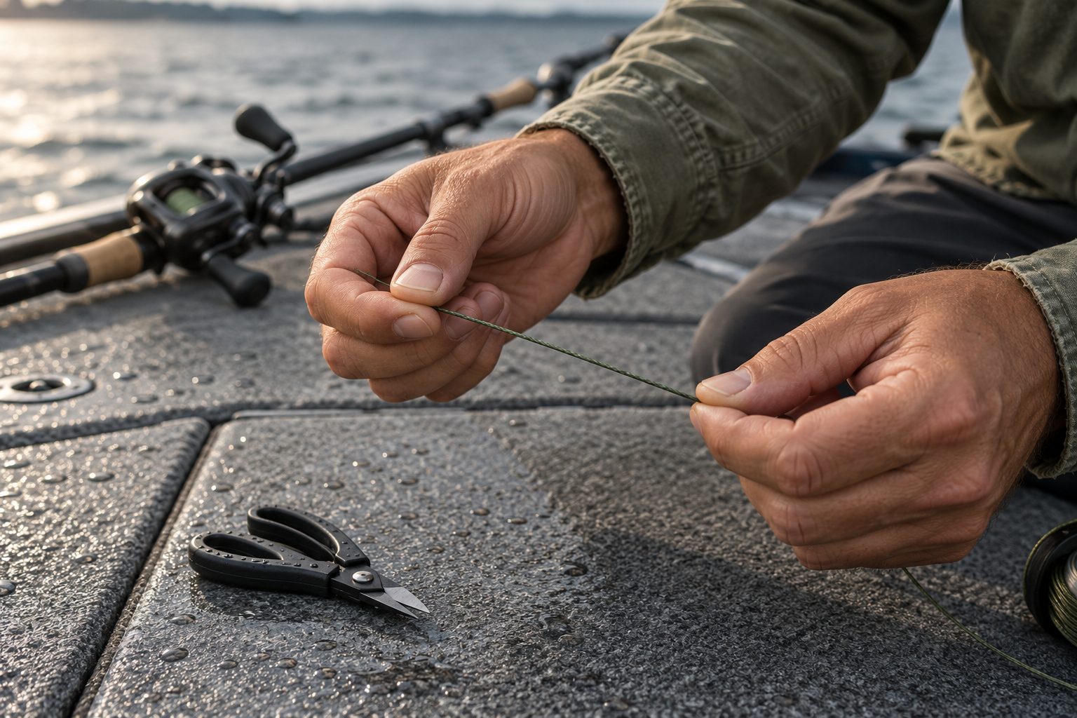Angler running braided fishing line between thumb and forefinger to check for wear
