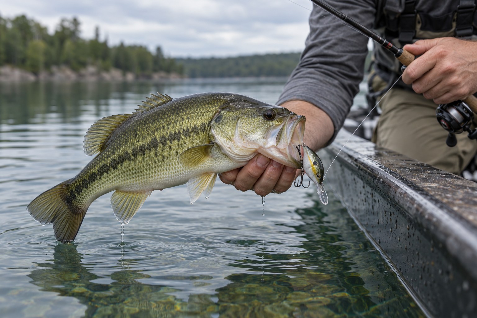 Angler holding a largemouth bass at boat side with a crankbait hooked in its jaw