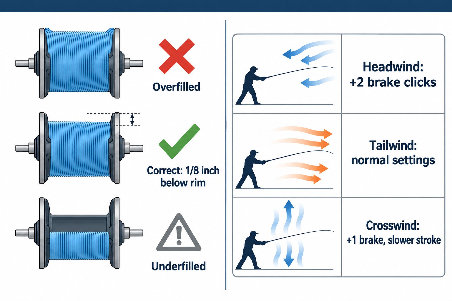 Diagram showing correct baitcaster spool fill line one eighth inch below the rim and wind brake adjustments