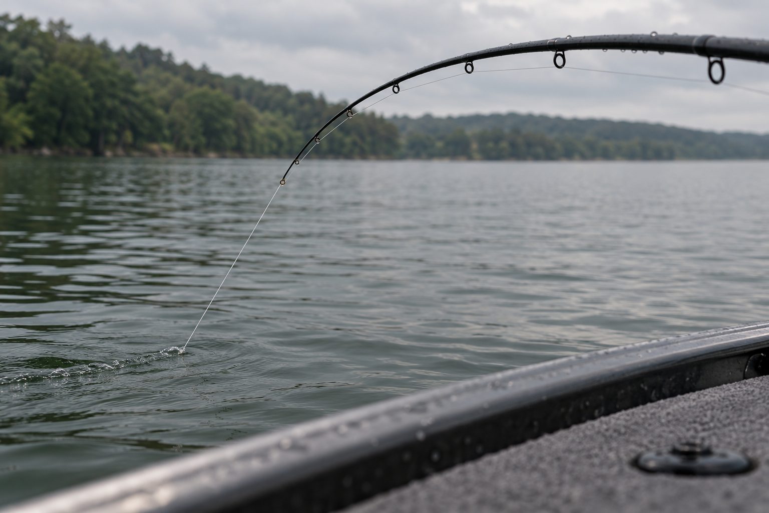 Rod tip bowed hard toward the water with a taut line cutting into the surface