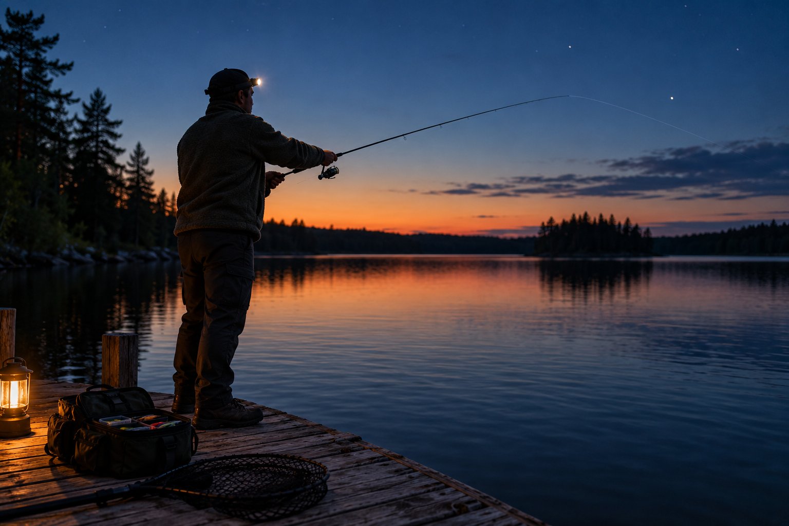 Angler casting from a dock with a headlamp as the last light fades at dusk