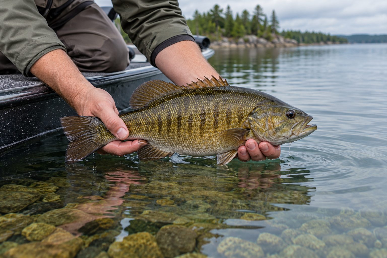Angler holding a bass beside the boat over clear water before release