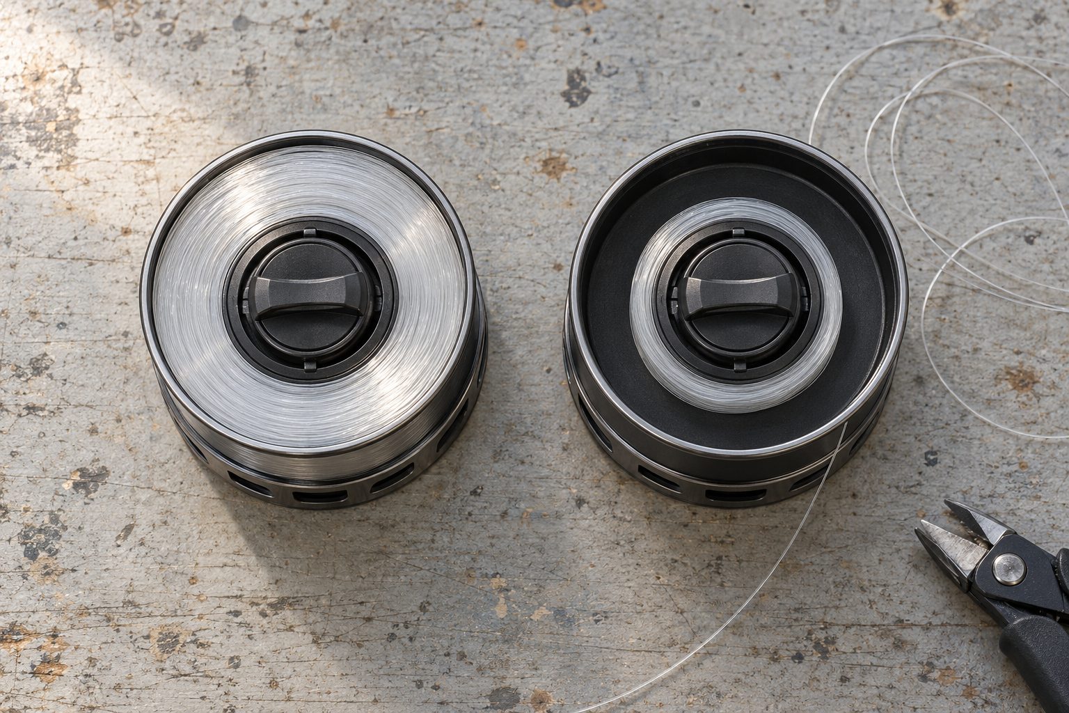 Two identical spinning reel spools side by side, one full of line and one only half full