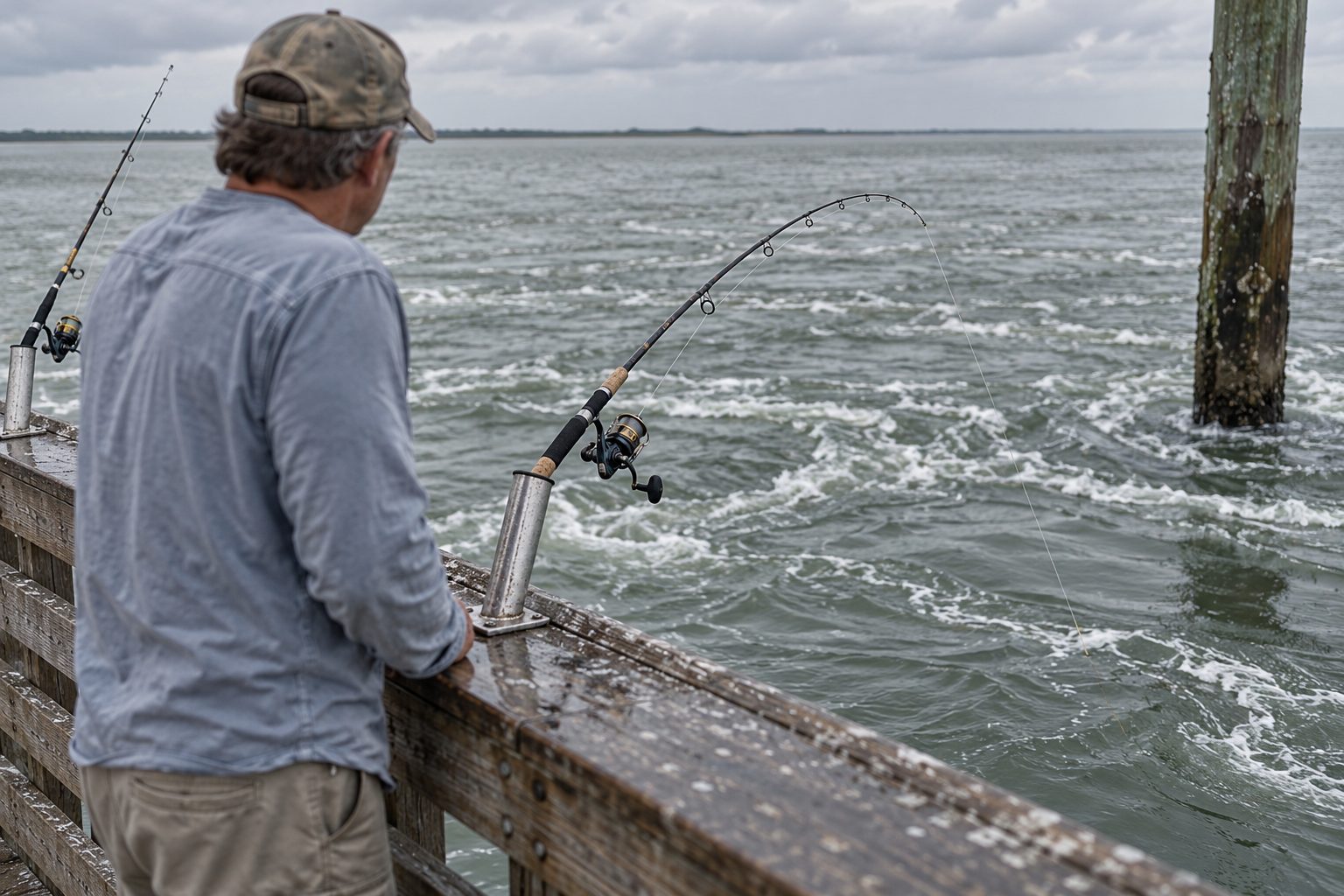 Angler watching a rod tip in a pier holder during a moving tide