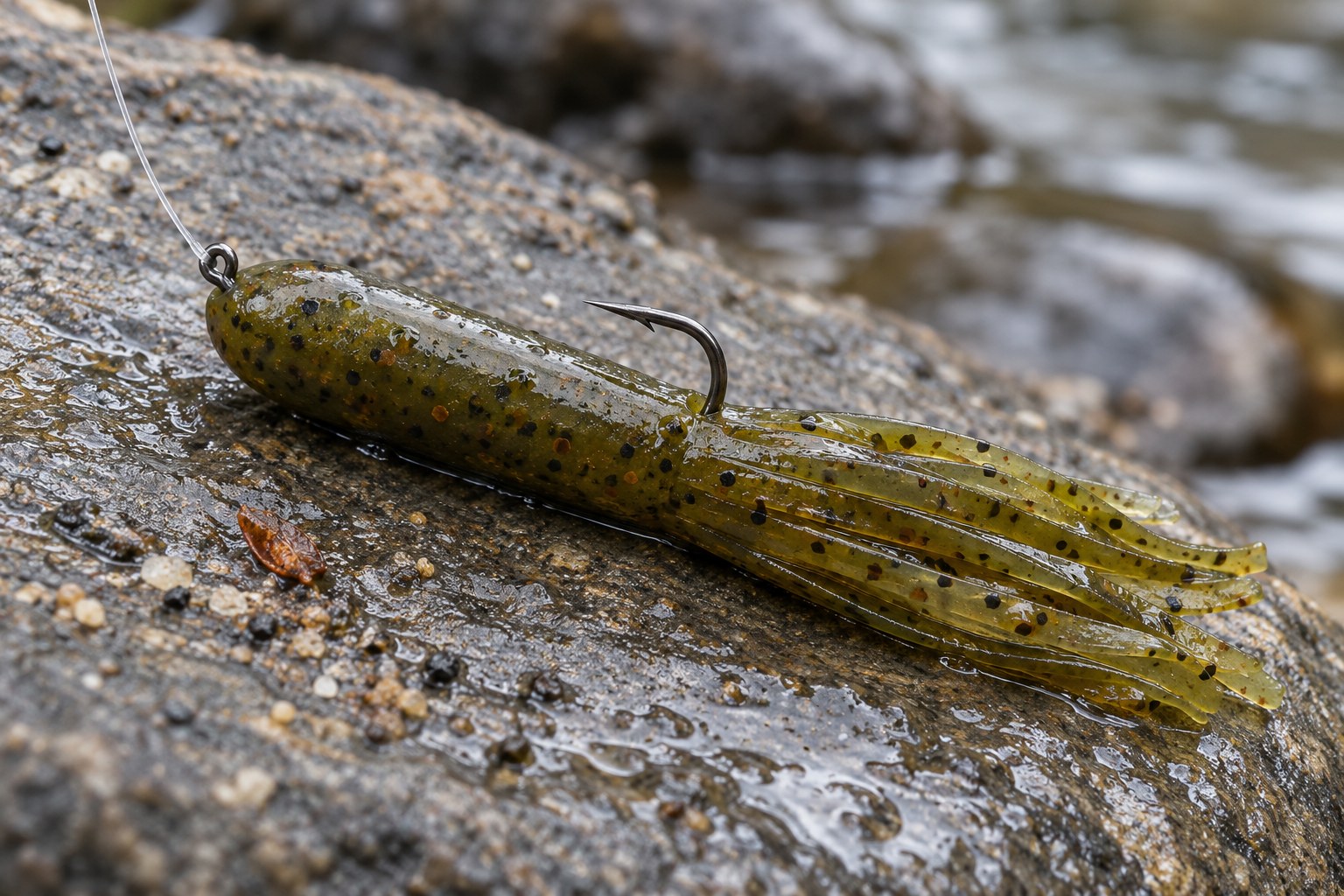 Macro close-up of a green pumpkin soft-plastic tube on an internal-weight jig head resting on wet river rock