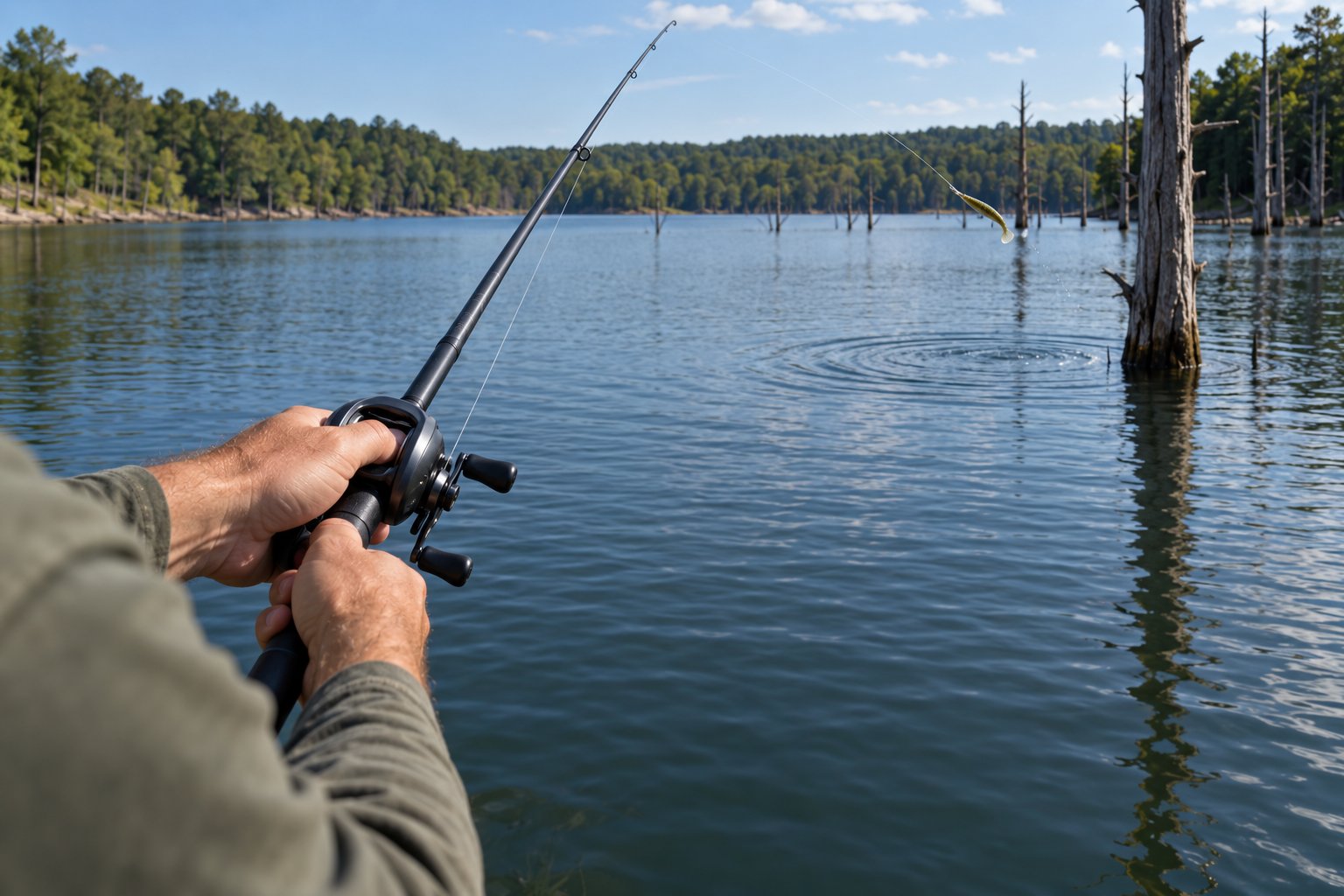 Angler making a follow-up cast toward a spot where a bass just missed