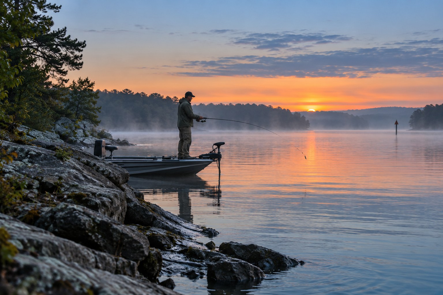Angler casting a crankbait along a shoreline point at dawn, wide view over a calm lake