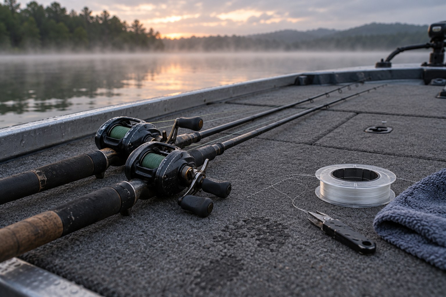 Braided fishing rods and a spool of fluorocarbon leader on a boat deck at dawn