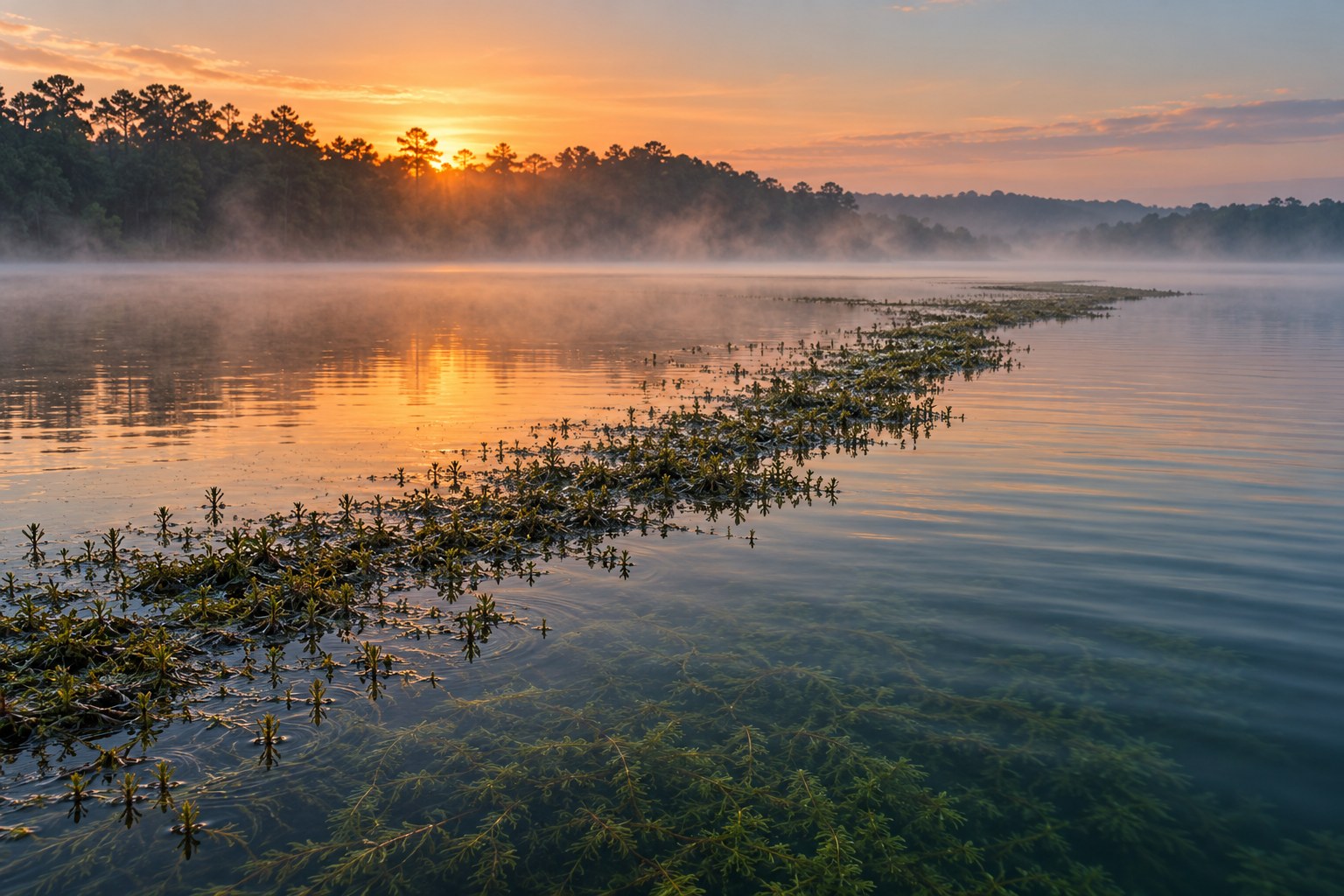 Bass boat working a grass weedline at first light